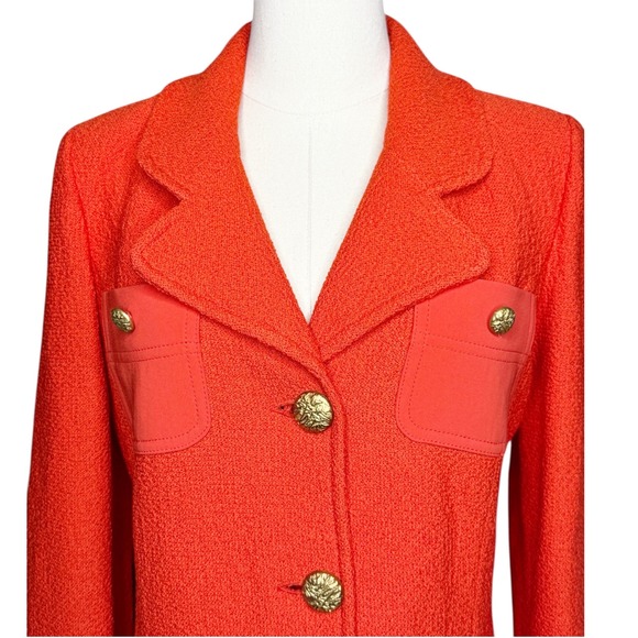 ST. JOHN Textured Knit Gold-Button Patch Pocket Blazer Jacket Orange Size 4 - Picture 5 of 12